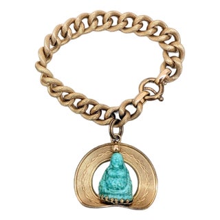 Vintage 1950s Signed Napier Goldtone Carved Faux-Jade Buddha Charm Bracelet For Sale