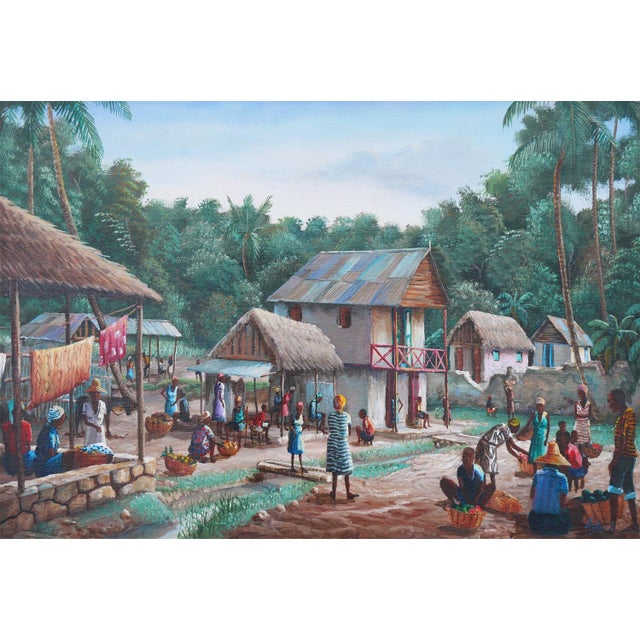 Jean-Felix Defournoy Modern Realist Green and Blue-Toned Rural Village Market Landscape Painting, Late 20th Century For Sale - Image 10 of 12