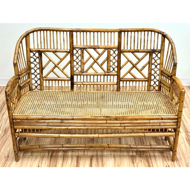 Vintage Brighton Pavilion Style Chippendale Bamboo Caned Seat Bench Settee For Sale - Image 4 of 11