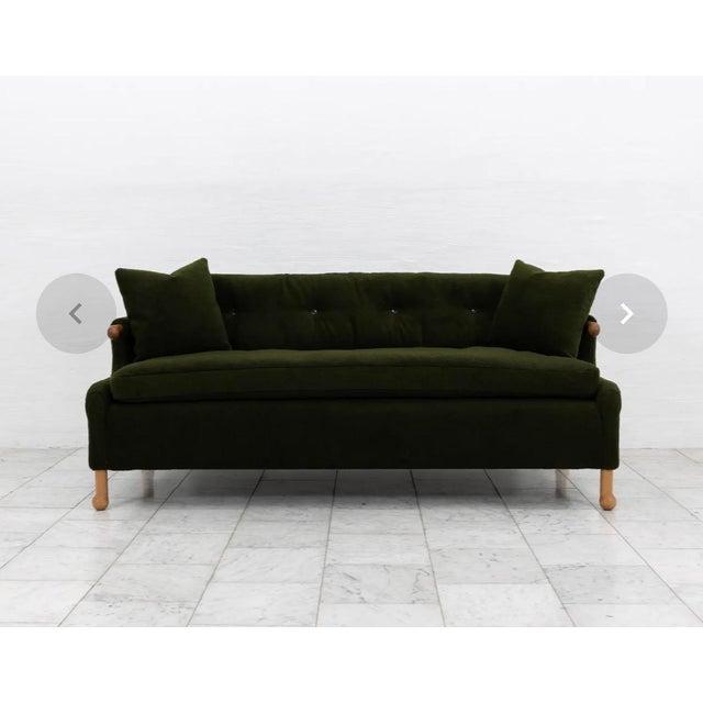 Contemporary BDDW Mabel Sofa With Carved Cherry Arms and Legs and Custom Green Upholstery For Sale - Image 3 of 4