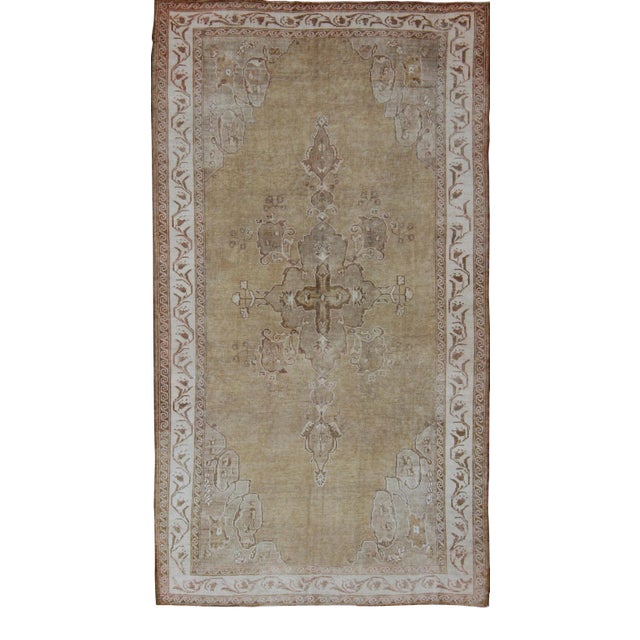 Vintage Turkish Kars Rug With Light Tan Field and Soft Ivory Border 6'9 X 12'0 For Sale