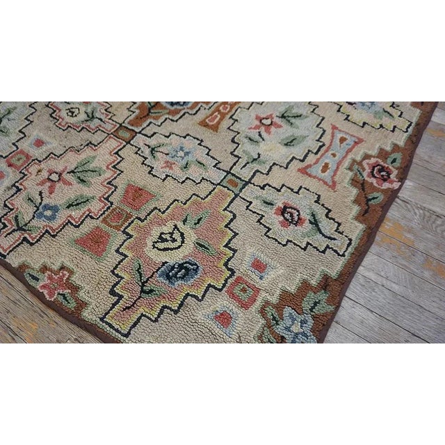 Wonderful Beige Background With Geometric Shapes and Floral Design Antique American Hooked Rug For Sale In New York - Image 6 of 11