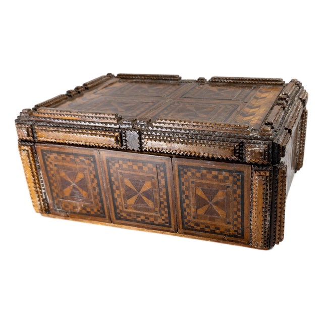 19th or 20th Century European Folk Tramp Art Marquetry Wood Box For Sale