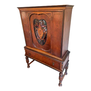 Antique China Hutch Cabinet by j.l Metz Chicago Scrolled Wood Glass Door Panel Exquisite Marquetry and Construction