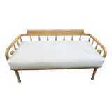 Late 18th Century Gustavian Style Oak Spindle Settee With Scrolled Arms, Linen Cushion For Sale