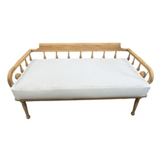 Late 18th Century Gustavian Style Oak Spindle Settee With Scrolled Arms, Linen Cushion For Sale