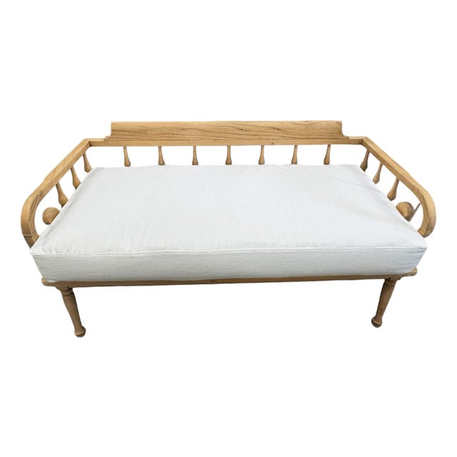 Late 18th Century Gustavian Style Oak Spindle Settee With Scrolled Arms, Linen Cushion For Sale