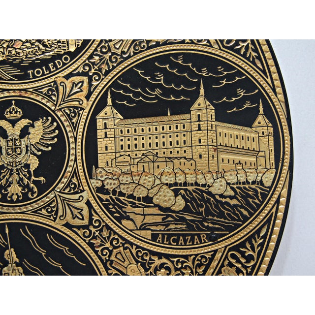 1980s Vintage Toledo Damascene Plate 24k Gold Inlaid Steel Spain 7" European Decor For Sale - Image 5 of 9