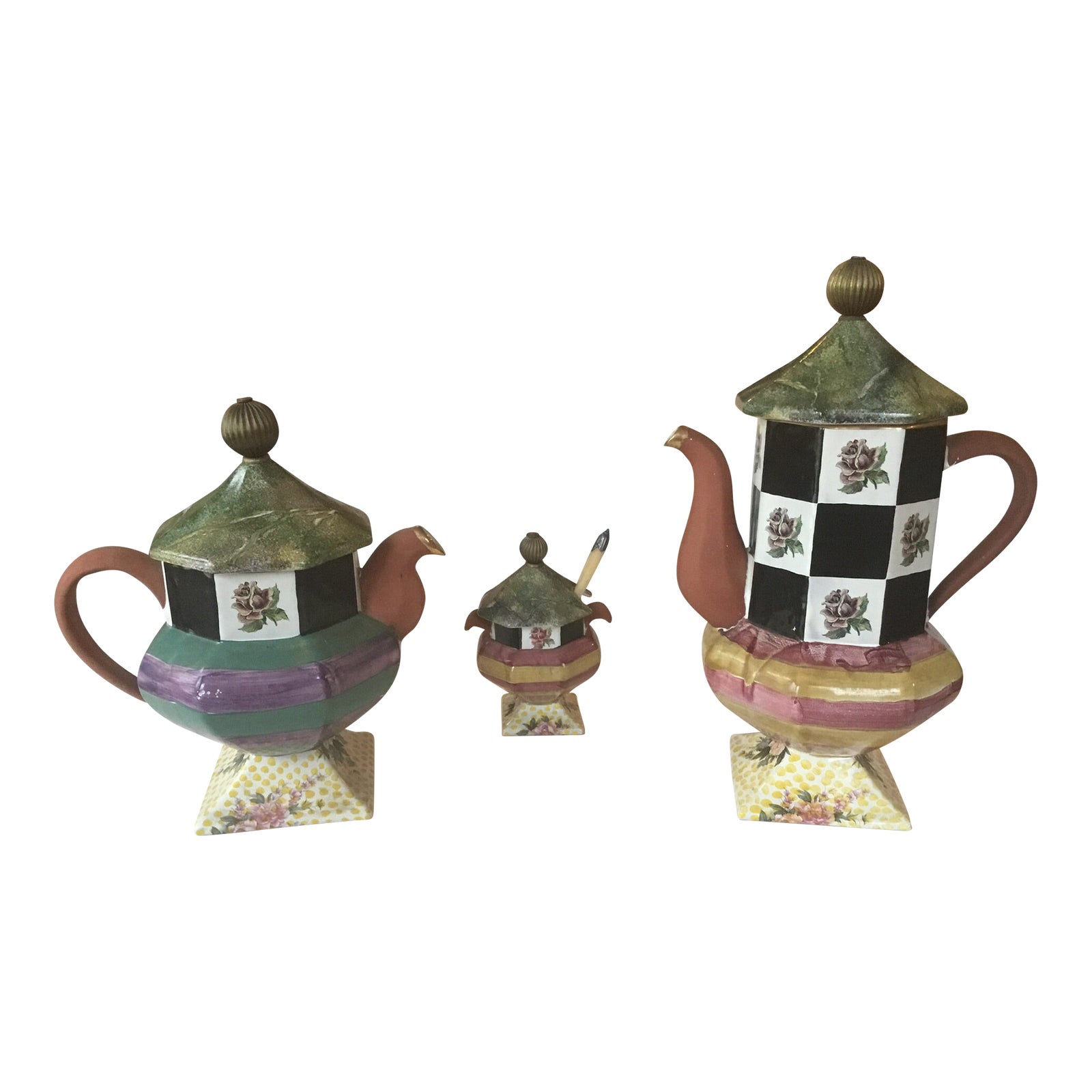 1990s MackenzieChilds Torquay Coffee, Tea and Sugar Service 3 Pieces