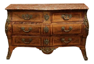 18th Century French Louis XV Walnut Commode With Inlay Motifs & Rouge Marble Top