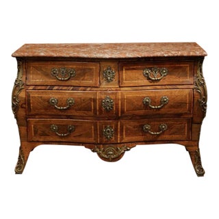 18th Century French Louis XV Walnut Marquetry Bombe Commode With Marble Top For Sale