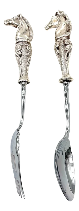Italian Sterling Silver Figural Horse Head & Silverplate Salad Set, Fork & Spoon - Set of 2