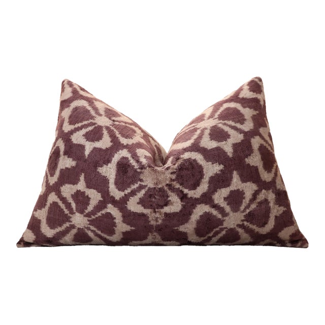 Luxury Silk Velvet Ikat Pillow in Mulberry and Cream 16x24 Inch With Down Feather Insert For Sale