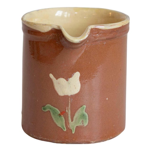 19th Century French Redware Pitcher with White Flower Decor For Sale