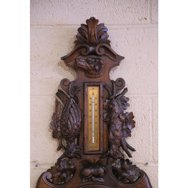 French 19th Century French Black Forest Carved Walnut Wall Barometer Thermometer For Sale - Image 3 of 9