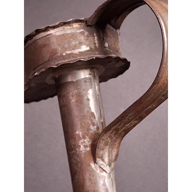 Metal Antique 19thC Sheet Tin Betty Lamp Integrated Saucer Stand Primitive Fat Oil For Sale - Image 7 of 18