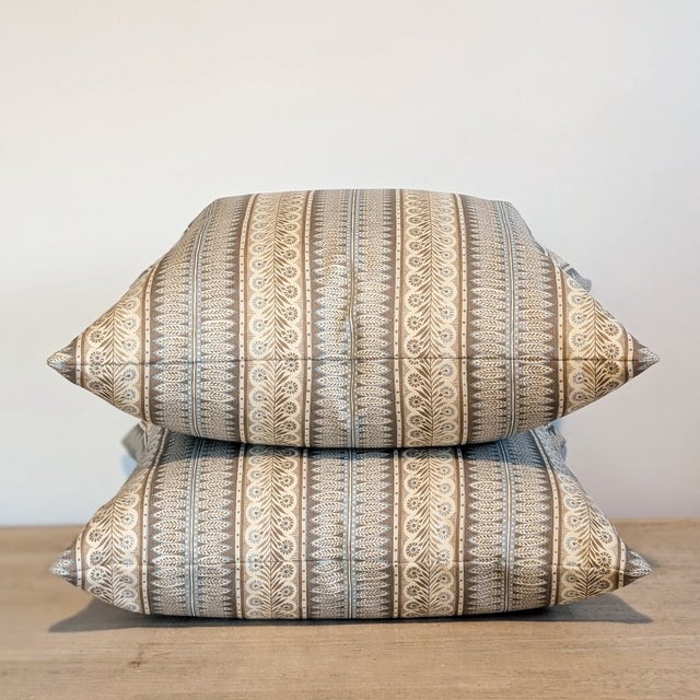 Jasper Eastlake pillows in sky and brown, in 100% hemp. Print is front and back. Invisible zippers and professionally...