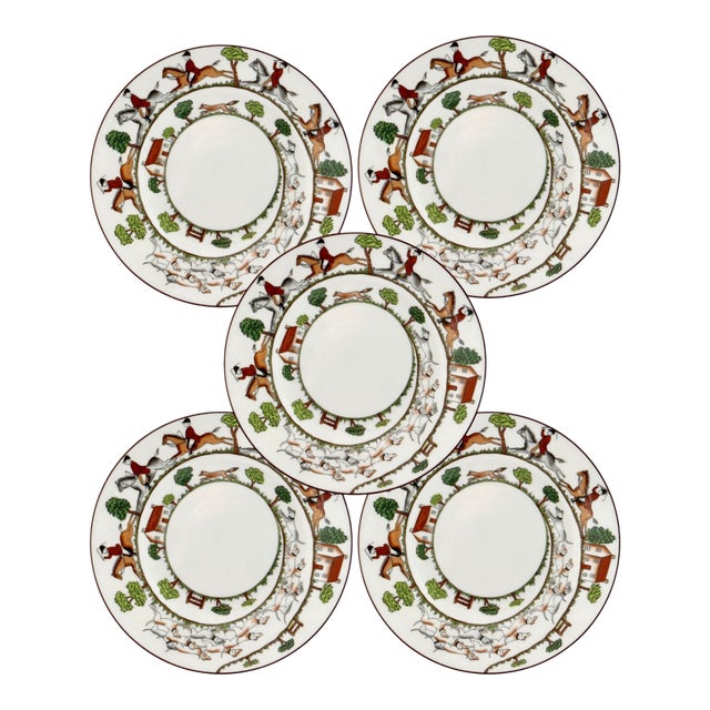 Early 20th Century Crown Staffordshire Hunting Dinner Plates, Set of 5 For Sale