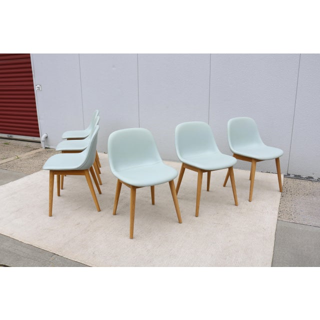 Danish Iskos-Berlin for Muuto Blue Leather Fiber Side Chairs Wood Base, Set of 6 For Sale - Image 10 of 18