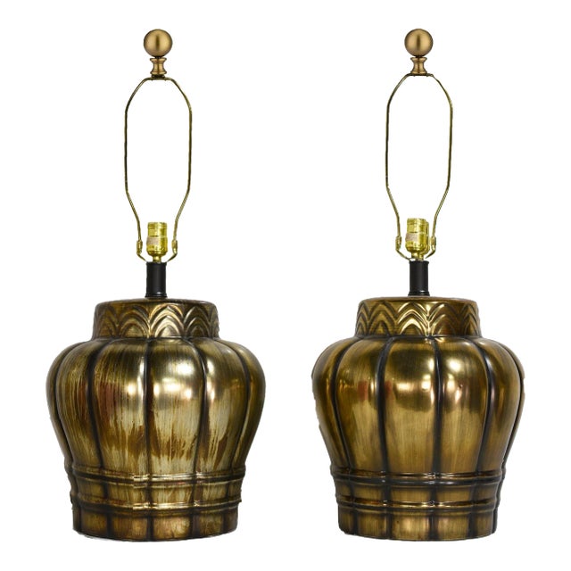 Mid Century Gold Ceramic Large Vase Lamps - a Pair For Sale