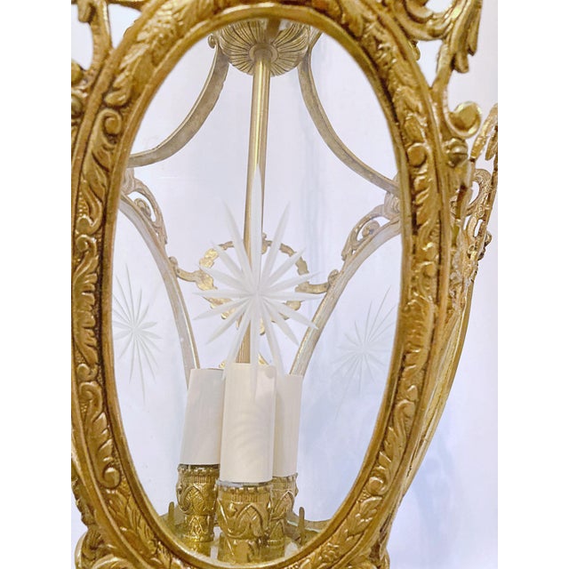 Vintage Bronze Lantern With Etched Glass Panels For Sale - Image 10 of 17