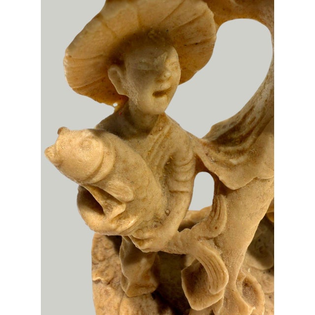 Vintage Chinese Carved Soapstone Fisherman & Boy Fish Basket Sculpture 7" For Sale - Image 10 of 13