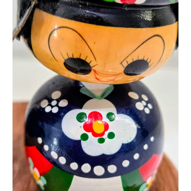Wood Vintage Japanese Kokeshi-Inspired Wooden Couple Dolls on Base For Sale - Image 7 of 10