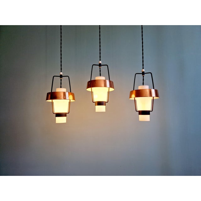 Scandinavian Pendant Lights in White Opaline and Copper Metal, 1960s, Set of 3 For Sale - Image 18 of 18