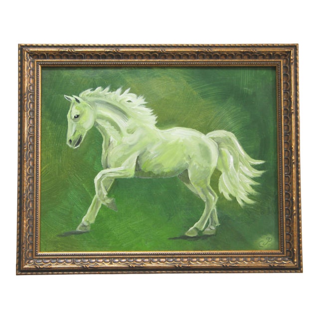 Horse English Traditional Impressionism Surrealism Expressionism Green Original Oil Painting by Cleo PLowden For Sale