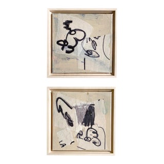 Pair of Black and Cream Original Mixed Media on Canvas For Sale