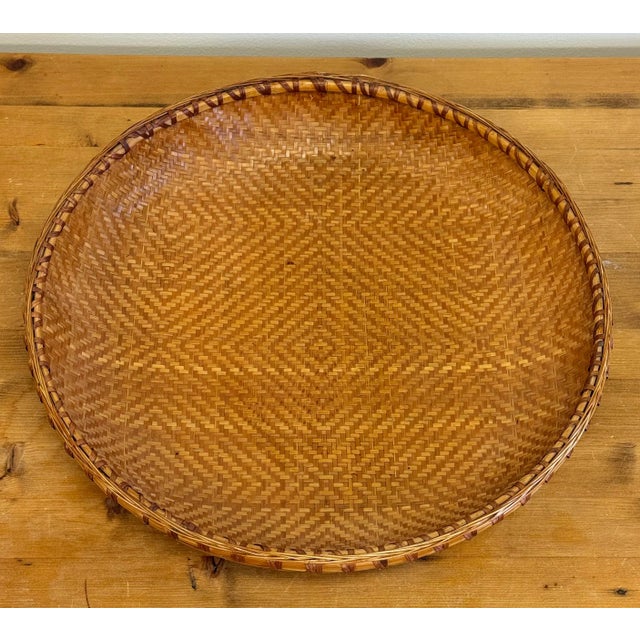Wood Vintage Large Round Woven Wicker Basket For Sale - Image 7 of 10