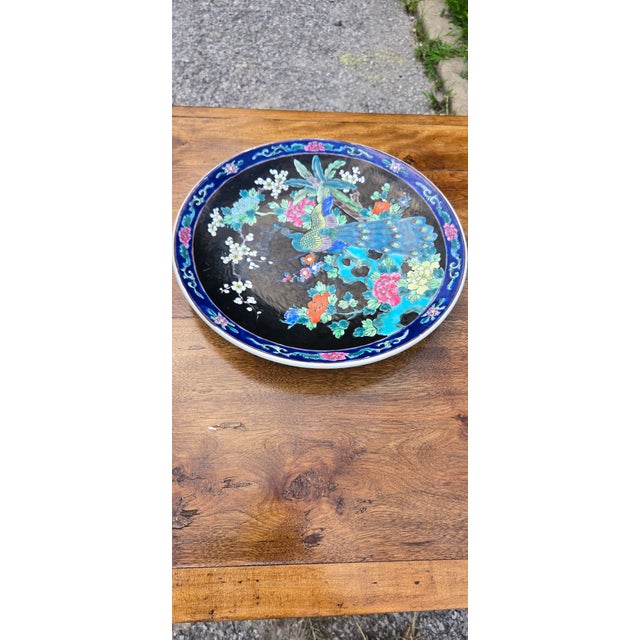 Vintage Japanese-Style Porcelain Peacock Charger Plate With Floral Motif For Sale - Image 4 of 12