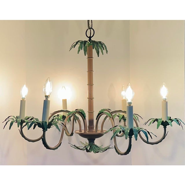 Late 20th Century Palm Beach Regency 6-Light Tole Palm Tree Chandelier With Shades For Sale - Image 4 of 10