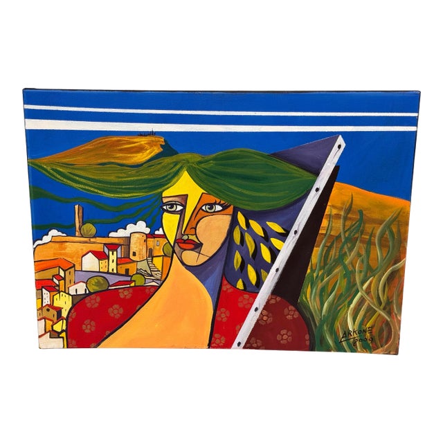 Late 20th Century Arkone Cubist Abstract Original Painting, Signed For Sale