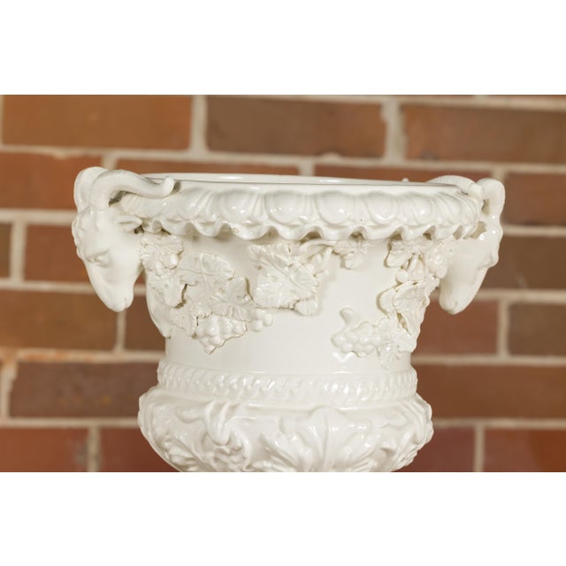Mid-Century Modern Pair of Blanc de Chine Midcentury Urns with Rams Heads and Ivy Leaves For Sale - Image 3 of 12