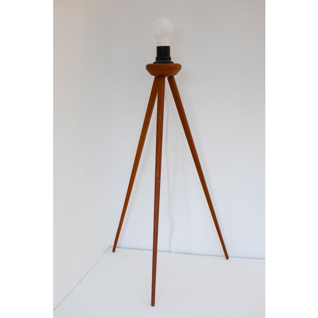 Cream Large Scandinavian Teak Tripod Floor Lamp with Drawn Thread Embroidery Shade For Sale - Image 8 of 13