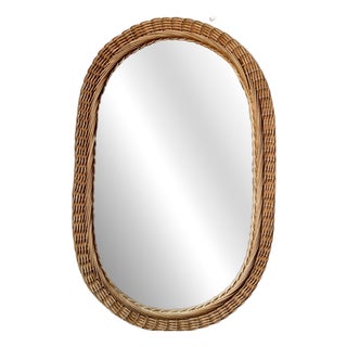 Vintage Bohemian Oval Mirror in Woven Rattan, 1960s For Sale