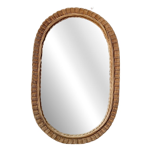 Vintage Bohemian Oval Mirror in Woven Rattan, 1960s For Sale