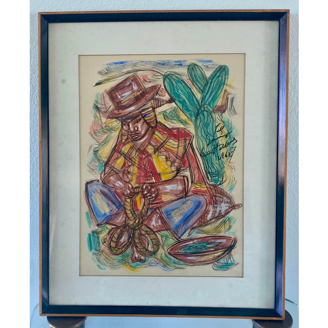 Blue Pair of Vintage 1960s Latin American Watercolors of Dancers in Native Costumes For Sale - Image 8 of 12