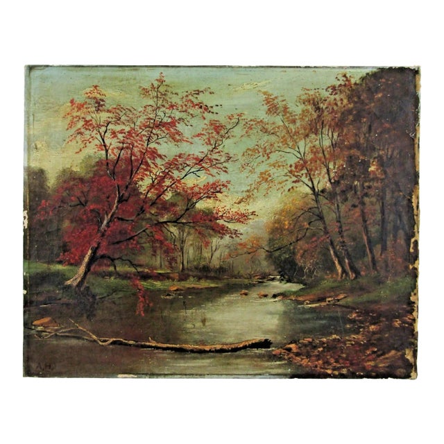 19th Century Antique Hudson River School Signed Autumn Scene Oil Painting For Sale