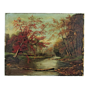 19th Century Antique Hudson River School Signed Autumn Scene Oil Painting