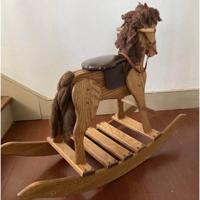 American Wooden Rocking Horse Amish Handcrafted Wood With Leather Seat Harness For Sale - Image 3 of 6