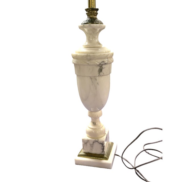 Pair of Vintage Italian Neoclassical White Marble Urn Table Lamps With Carved Details For Sale - Image 10 of 11