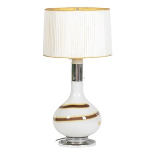 White Glass Lamp with Brown and Yellow Spiral Decor, 1970s For Sale