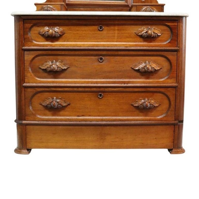 Carved Walnut Marble Top 3 Drawer Dresser With Extra Hidden Drawer C1880 For Sale - Image 6 of 12