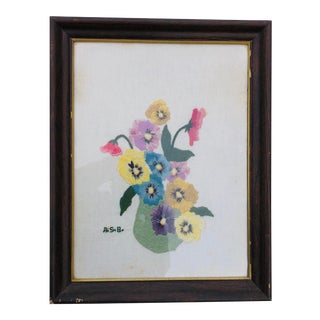 Vintage Embroidery Floral Art Signed and Framed 14x18 For Sale