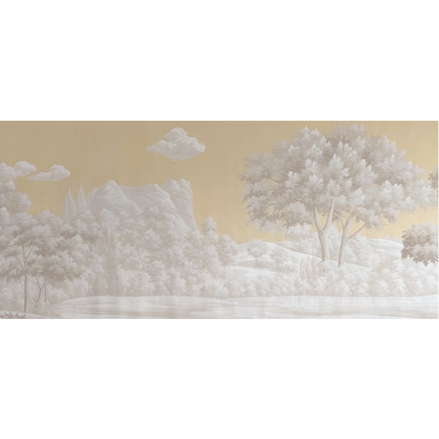 Chinoiserie 36" * H96" * 3ps,‌ Hand-Painted Retro Warm Gold Wilderness Landscape Wall Mural, Vintage Chinoiserie Monochrome Golden Tone Landscape Wall Cloth For Sale - Image 3 of 6
