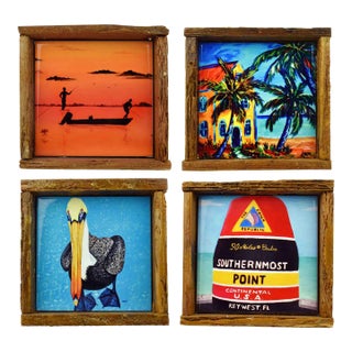 Hand Painted Tropical Rustic Coastal Southernmost Point Tile With Handmade Lobster Trap Wood Frame Wall Decor - Set of 4 For Sale