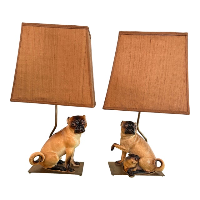 Pair Meissen Porcelain Pug Dogs & One With Child For Sale