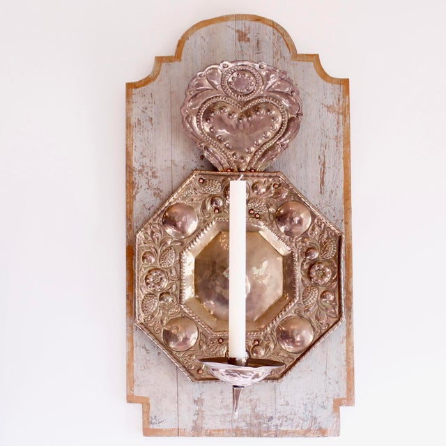 Rustic European Antique Candle Sconces, Dutch Repoussée Brass and Copper Mounted on Painted Backboards - A Pair For Sale - Image 3 of 11